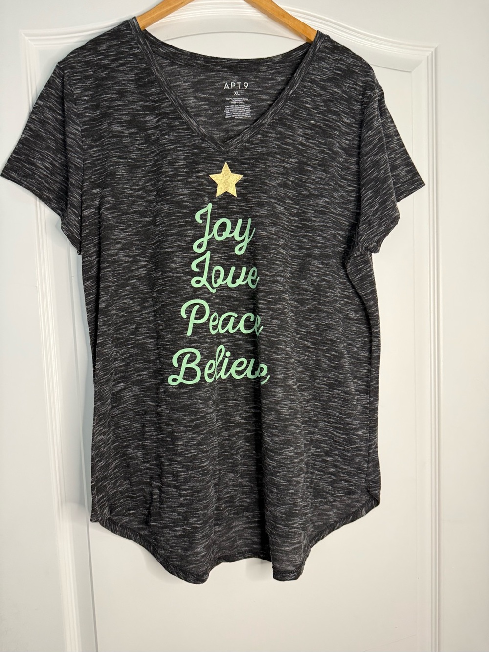 Apt. 9 Charcoal V-Neck Christmas Tee with Mint Script and Gold Star